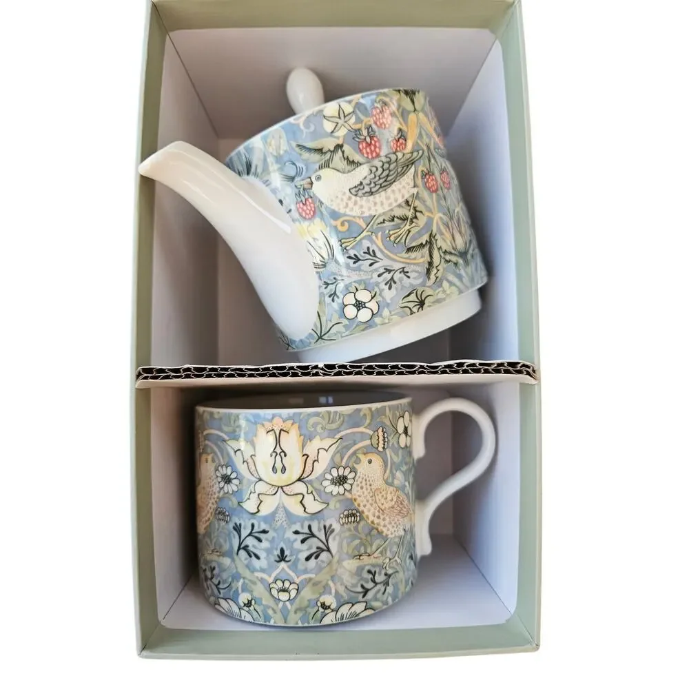 Spode Morris & Co Strawberry Thief Tea For One Teapot Mug Set Porcelain Boxed